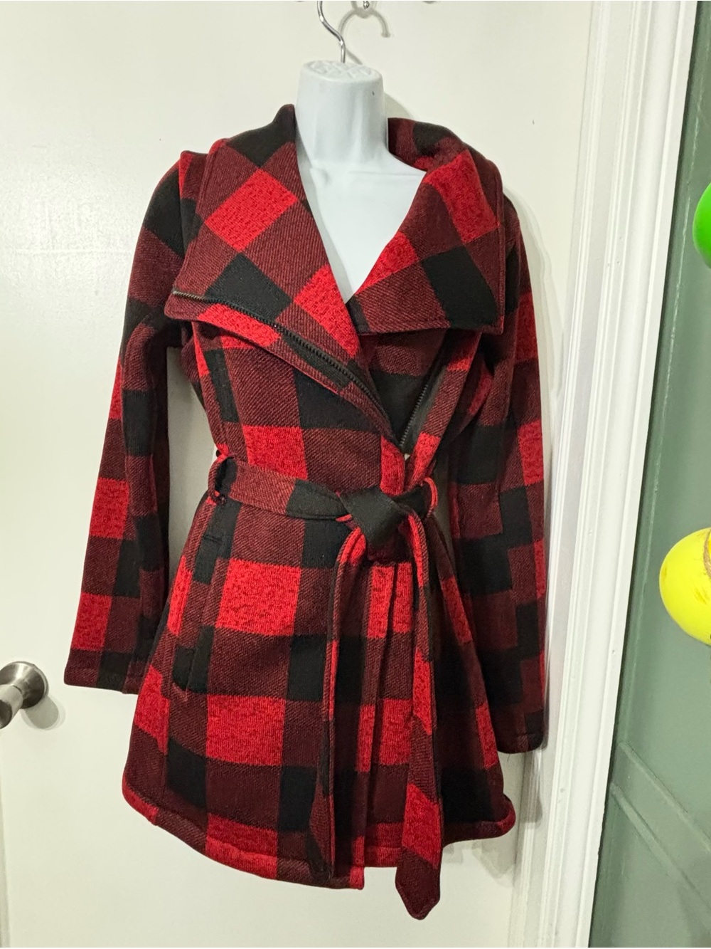 Steve Madden Red & Black Plaid Wrap Trench Coat
